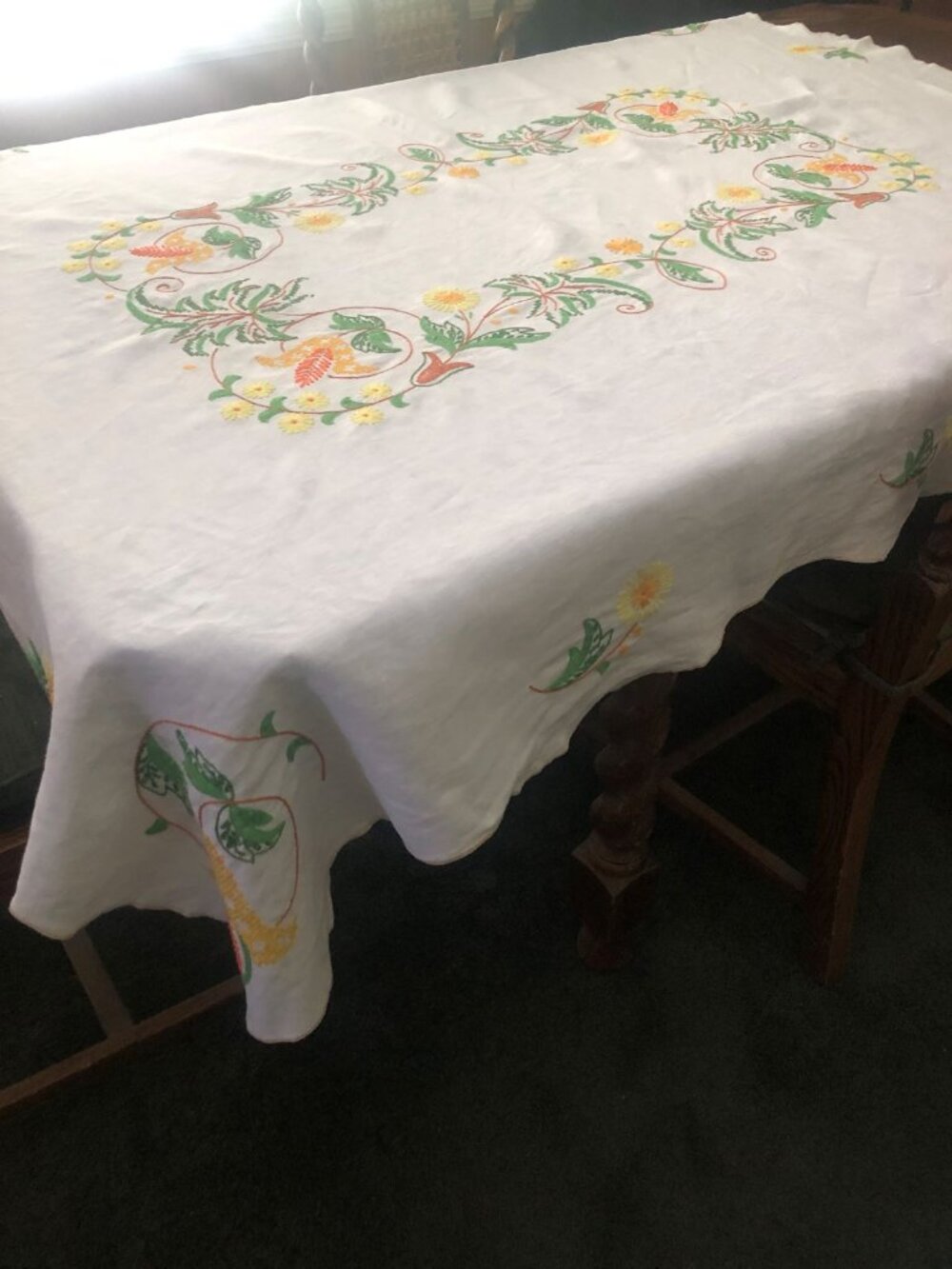 Vintage Linen Tablecloth White Hand Embroidered Green Yellow Floral  Oblong 48x6